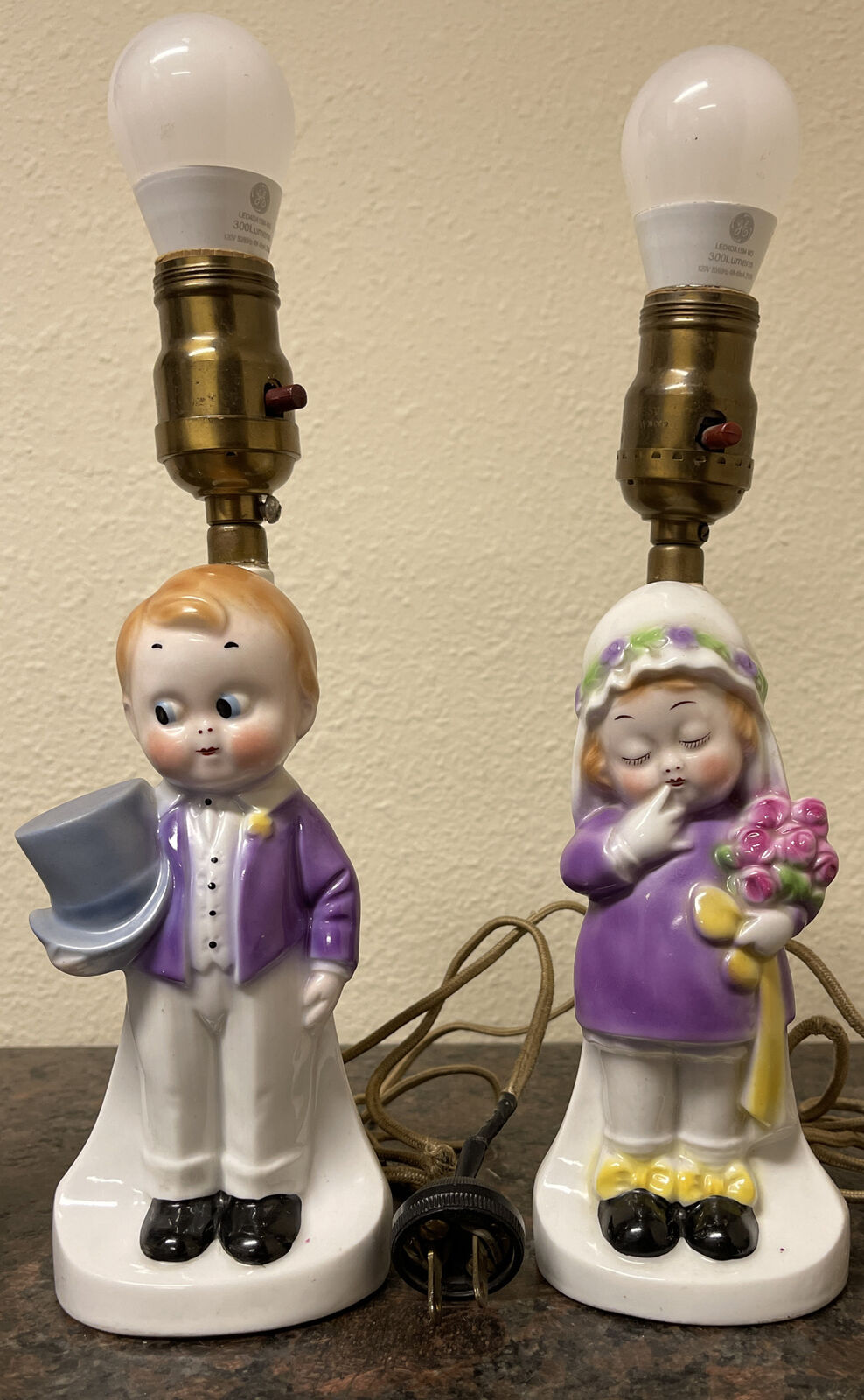 Antique Pair Of Lamps Children In Wedding Day Purple 1920s Bolivia Wedding Gift
