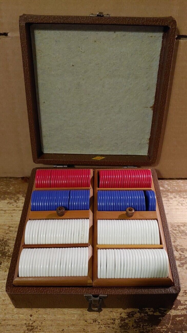 Vintage Lowe Poker Chip Box With 2 Trays Red, White + Blue Chips.
