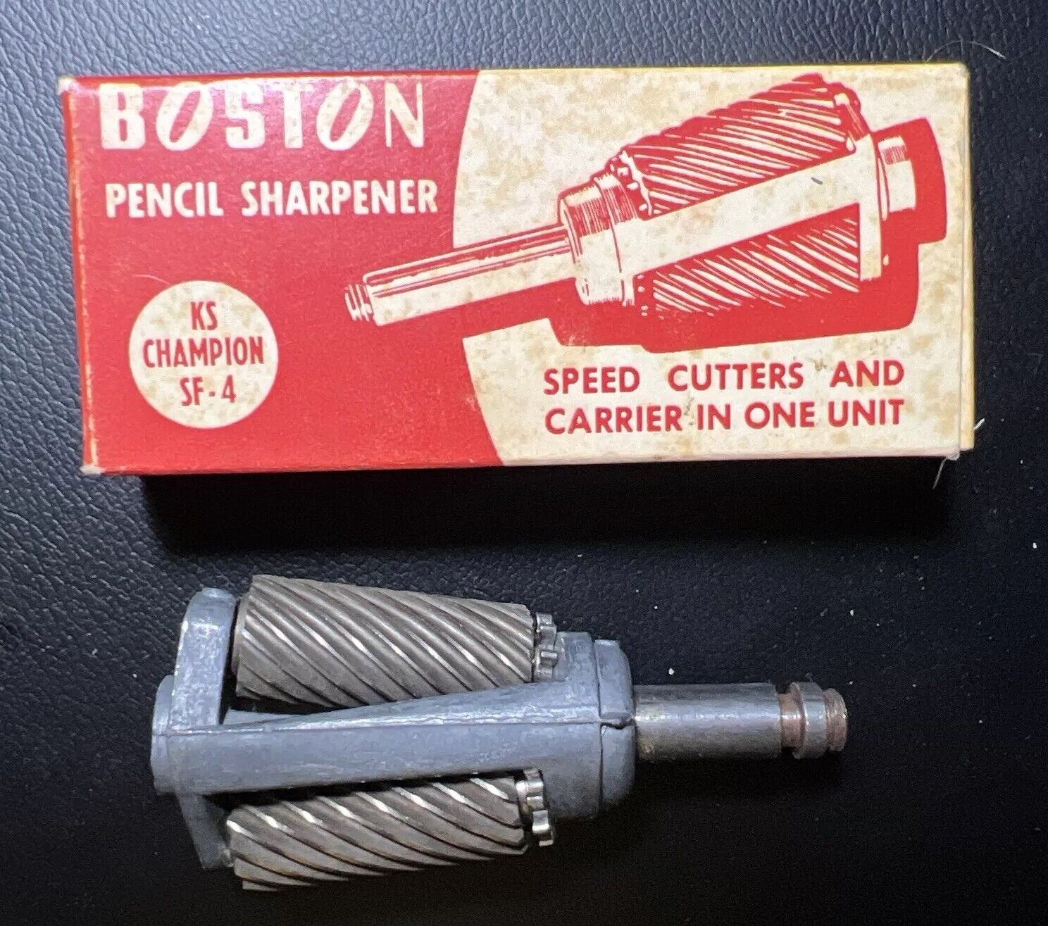 Vtg NEW Boston Pencil Sharpener KS Champion SF-4 Speed Cutters With Carrier. NOS