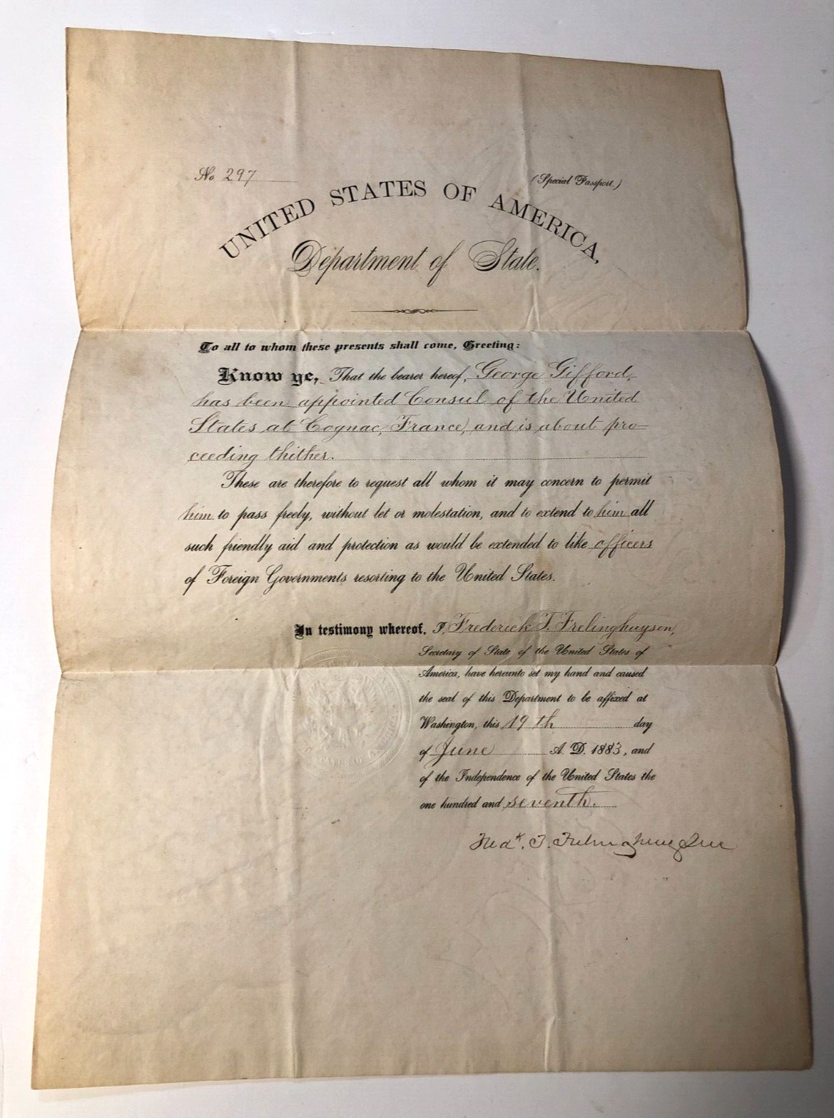 1883 State Department Consul Assignment, Signed by Frederick T. Frelinghuysen