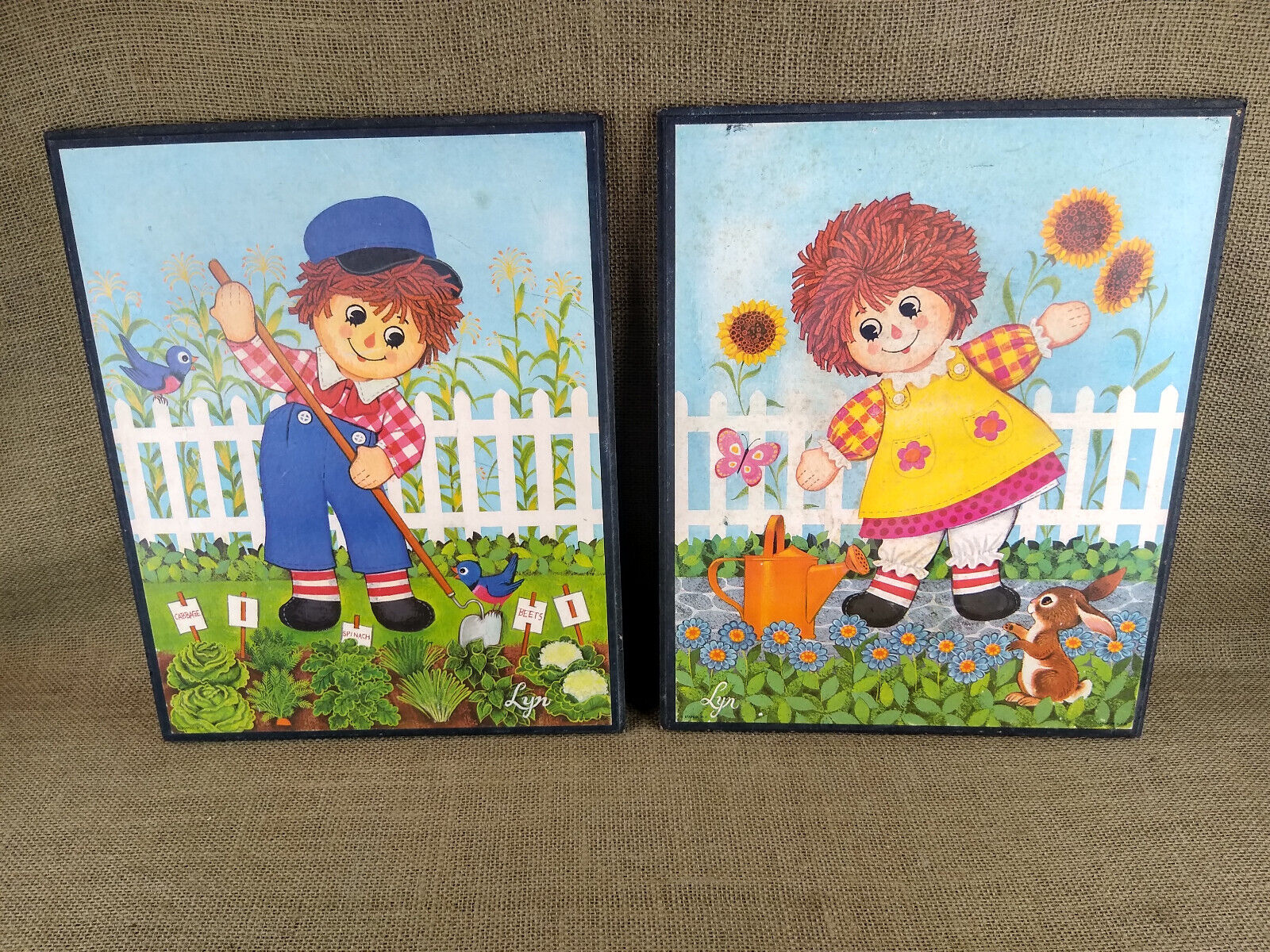 Vintage Raggedy Ann and Andy Wall Art Hanging Wood Plaques Farm w Flowers Bird 