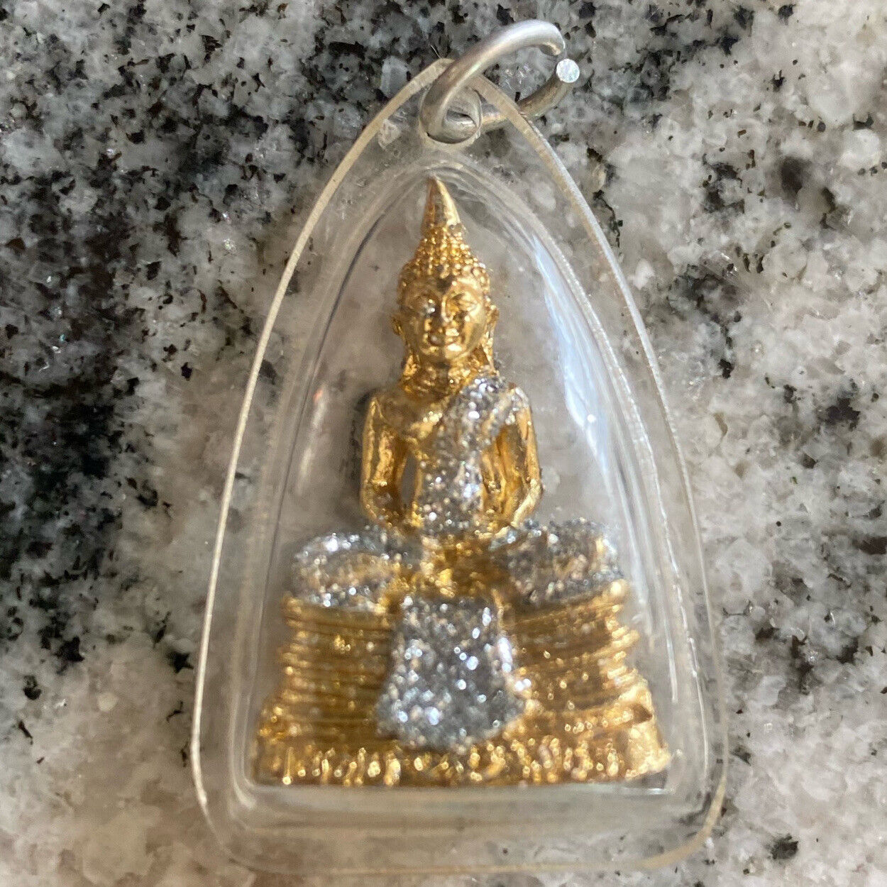 Phra Sothorn Thai Buddha Pendant Gold Tone Silver Glitter Clear Encasement