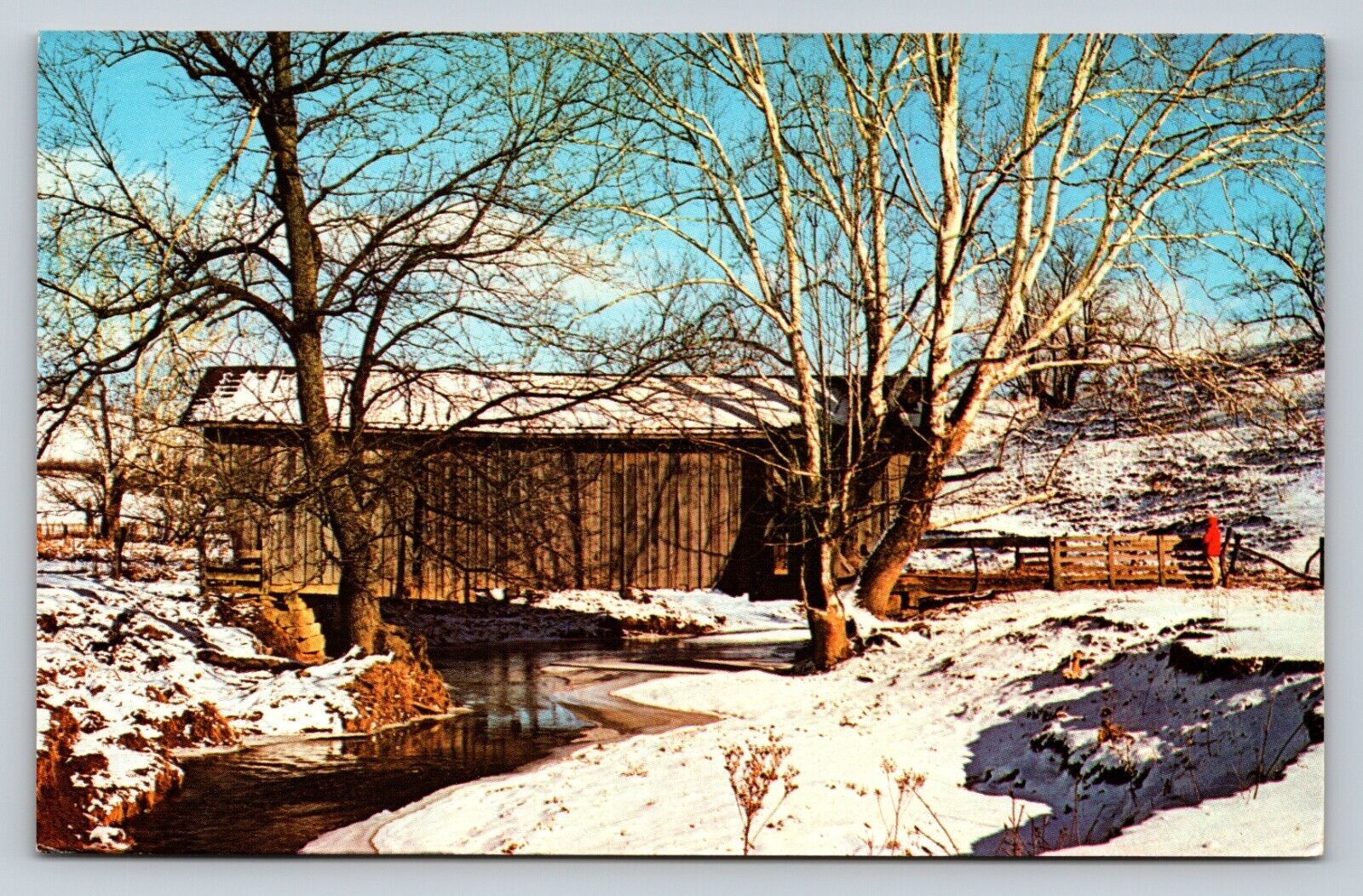 Winter BATESVILLE Ohio Over Beaver Creek Covered Bridge Vintage Postcard A101