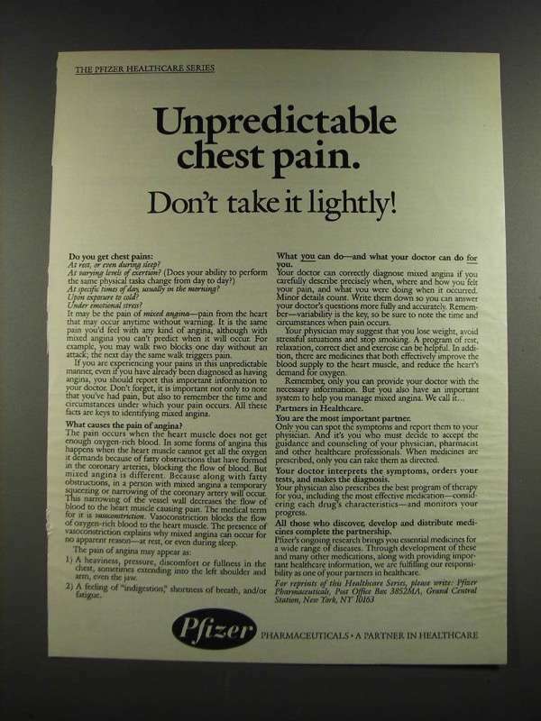 1986 Pfizer Pharmaceuticals Ad - Unpredictable Chest Pain Don\'t Take it Lightly