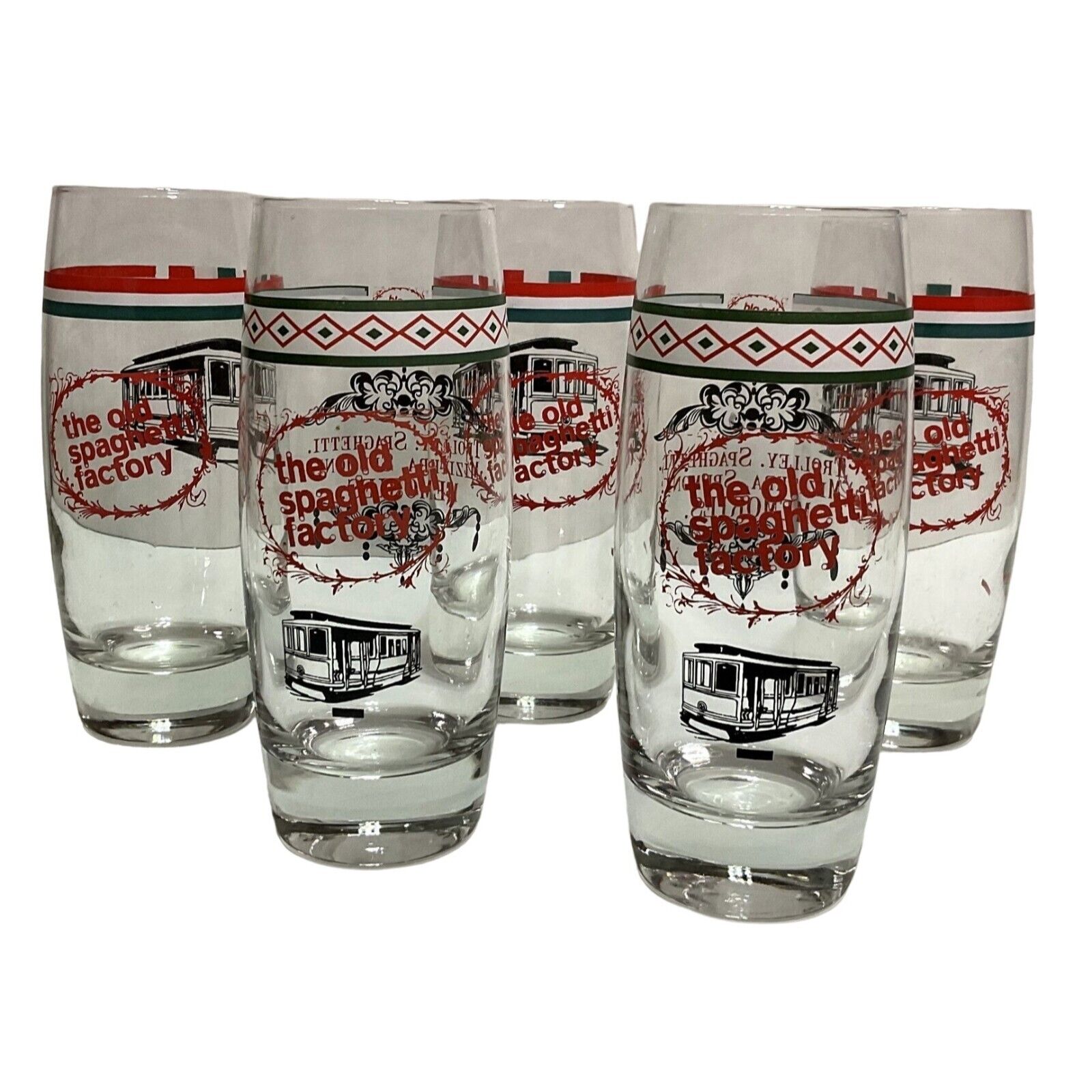 THE OLD SPAGHETTI FACTORY GLASSES TUMBLERS SET OF 5 TROLLEY CAR 6.5\
