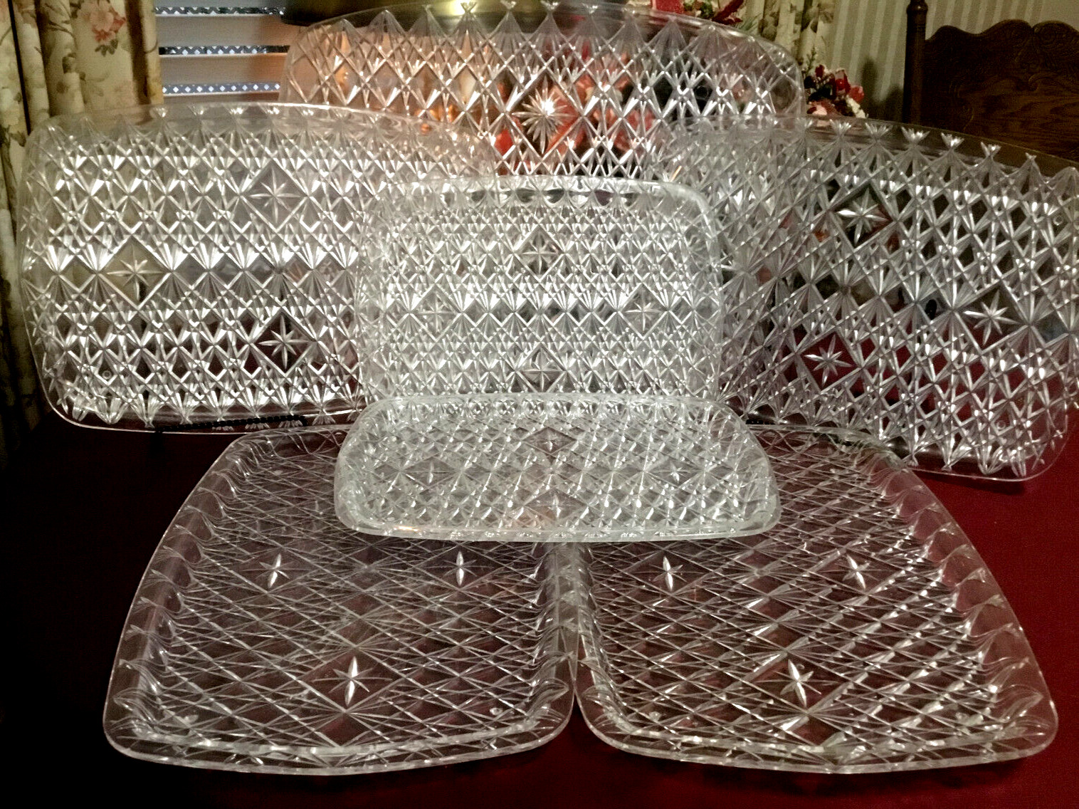 11pc Set Vintage Clear Lucite Acrylic Atomic Starburst Serving Tray Platters MCM