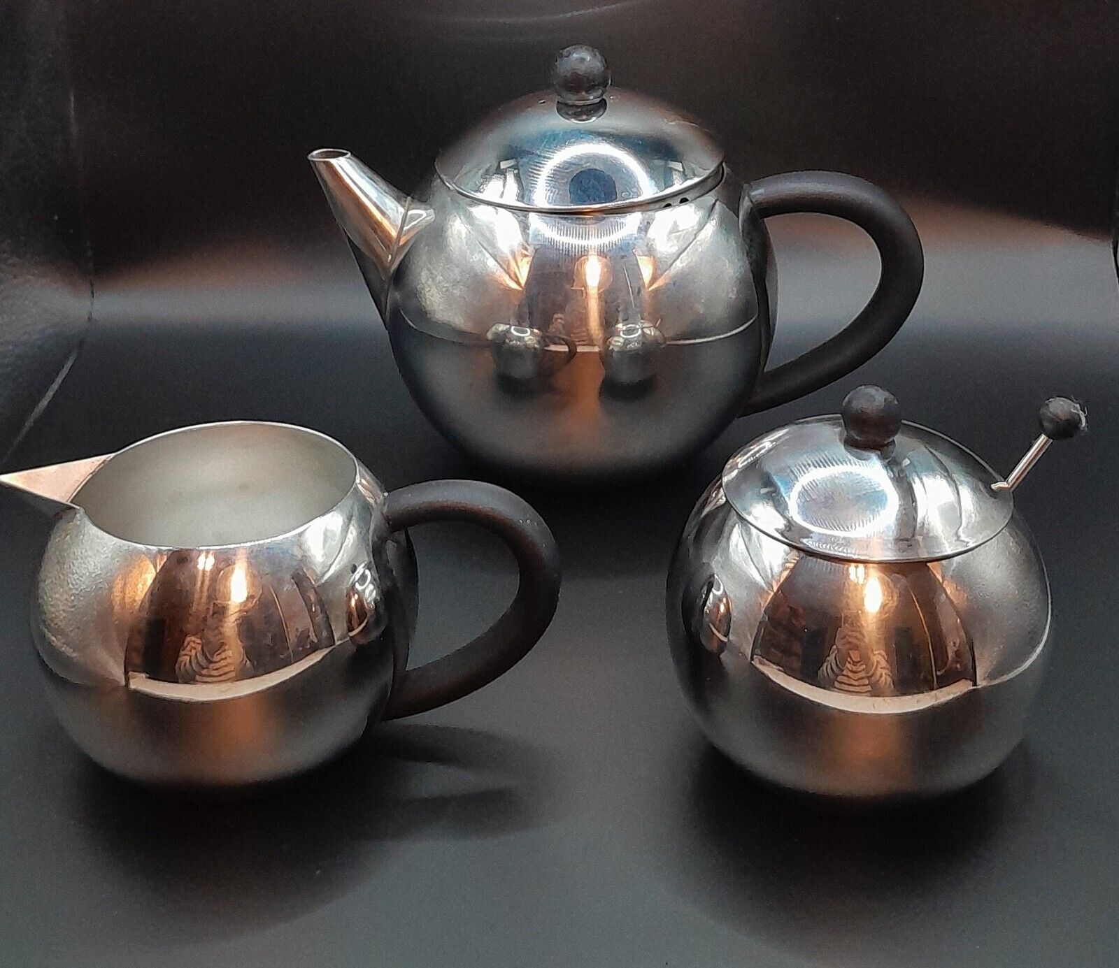 Vintage MCM Stainless Steel Tea Set Tea Pot Creamer Sugar Bowl