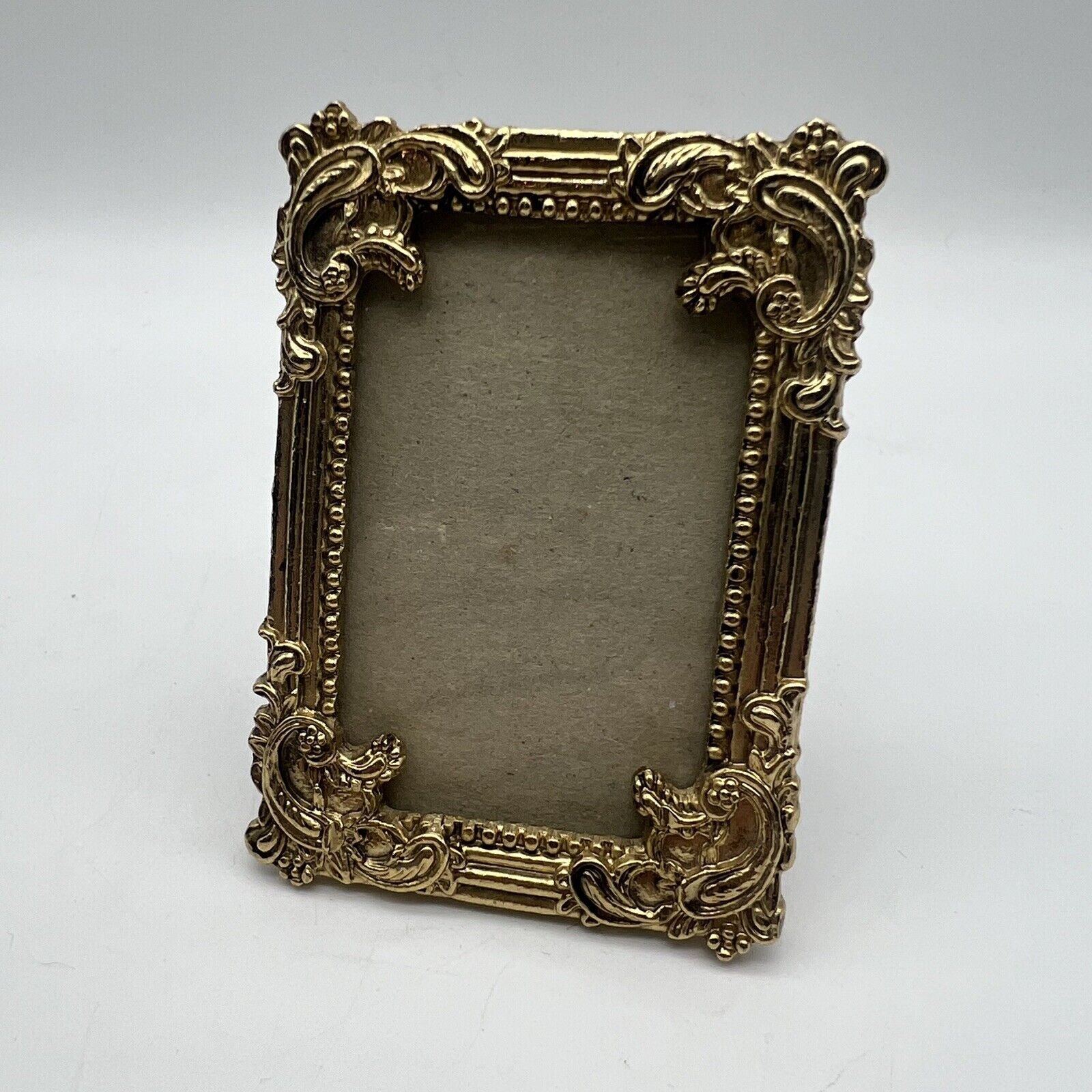 Vintage Metal Small Mini Picture Frame Sixtress NY London Gold Ornate 3.25”x2.5”