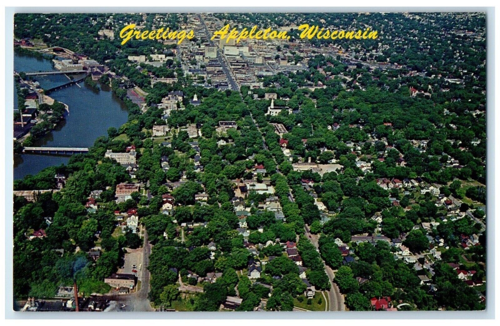 Greetings From Appleton Wisconsin WI, Aerial View Showing College Ave. Postcard
