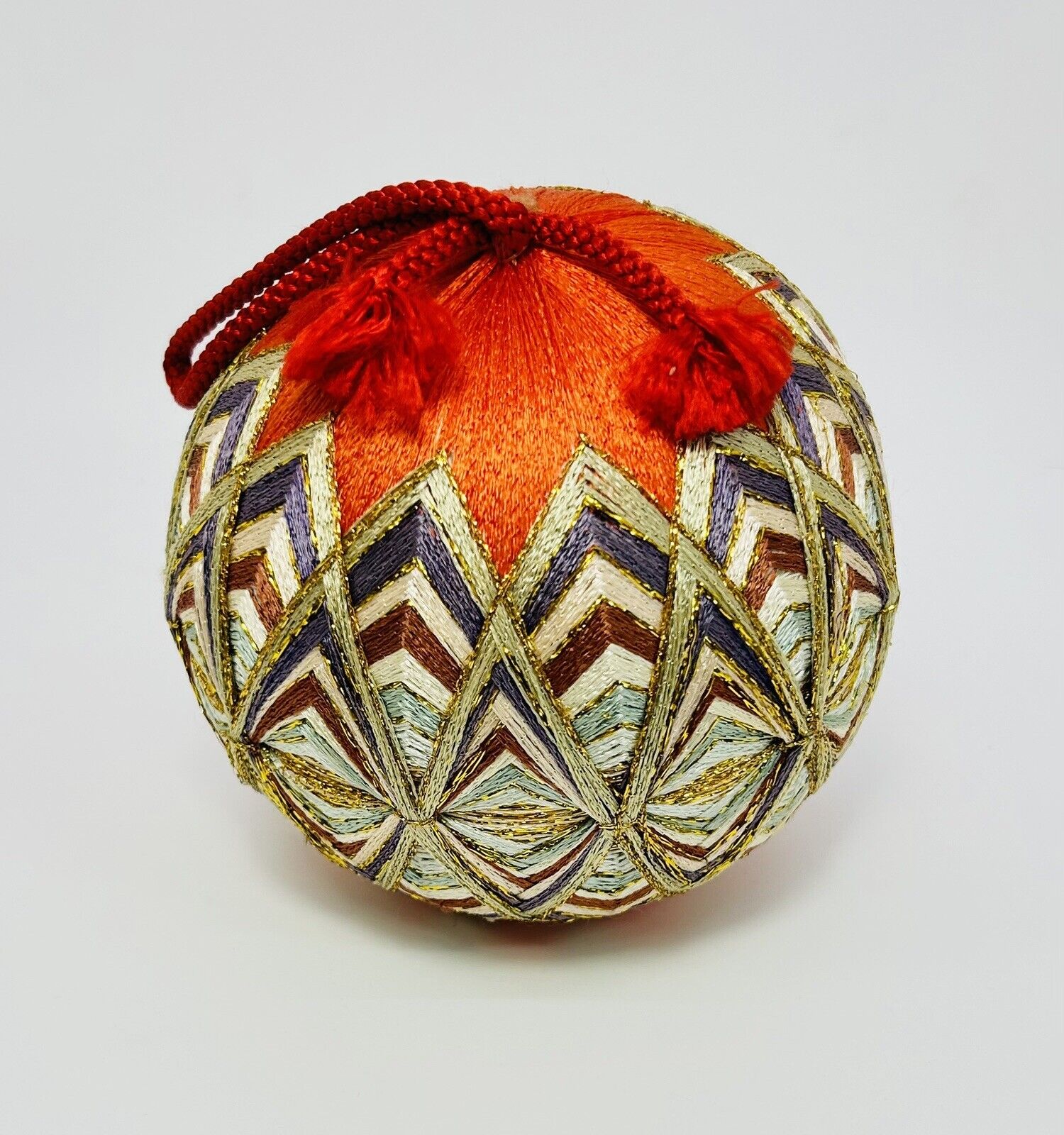 Vintage Japanese Handcrafted  Traditional Temari Ball Orange Multi Color Decor