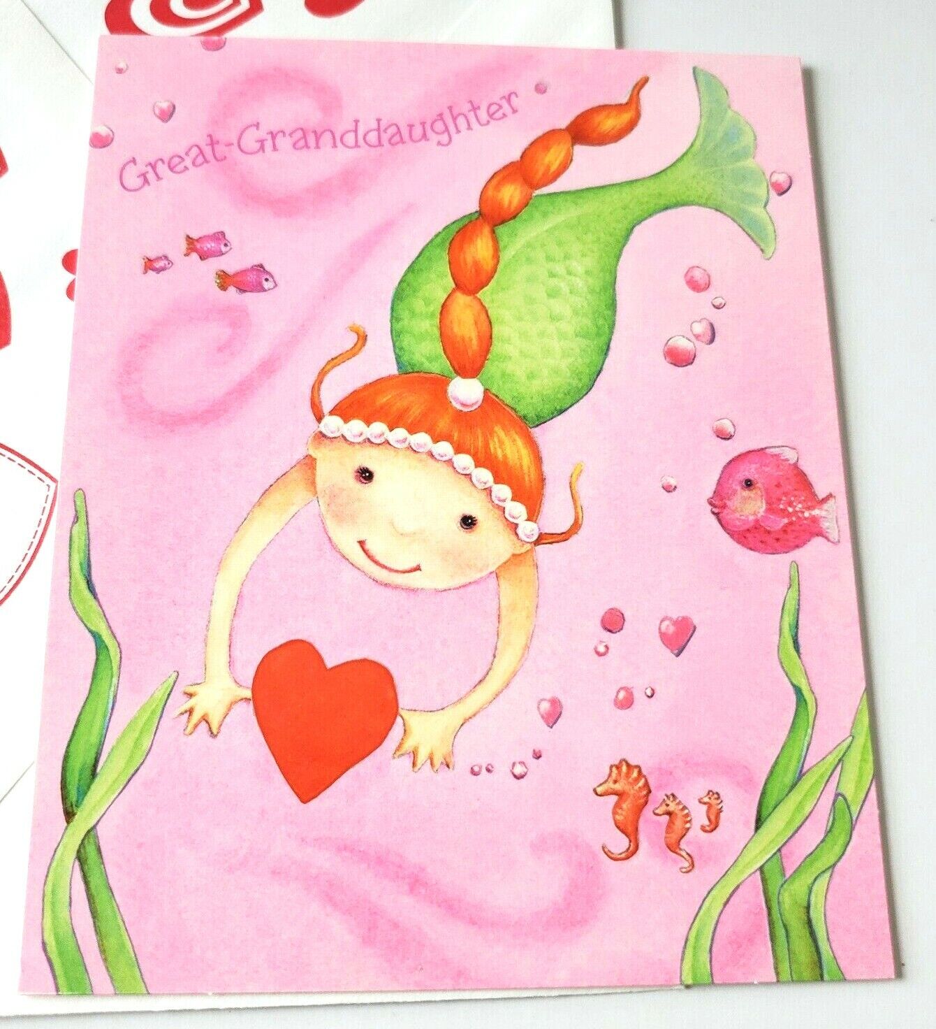 Valentine Card Hallmark Warm Wishes Mermaid in Pink Ocean Great Granddaughter