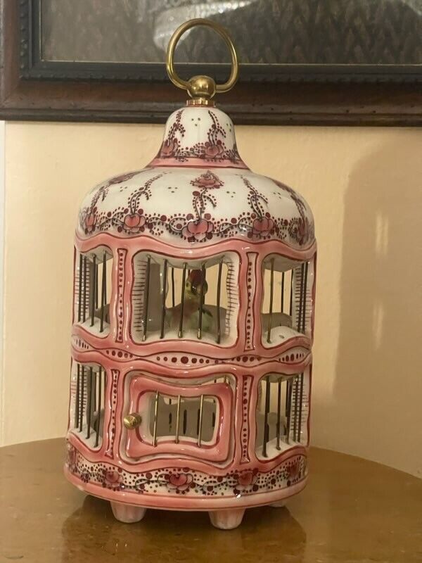 Vintage  Ceramic Porcelain Decorative Pink/Red Floral Bird Cage w/ Parrot -