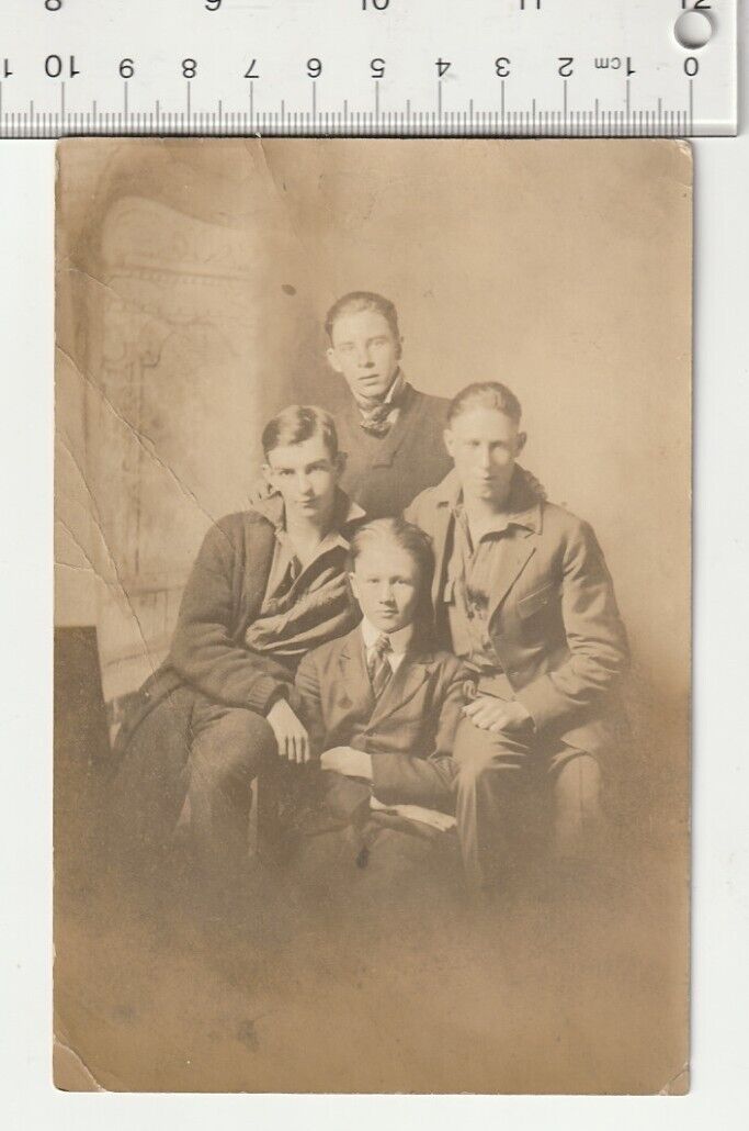 Vtg Photo Absolutely Awesome Family Portrait of young Boys Men Brothers to Dad