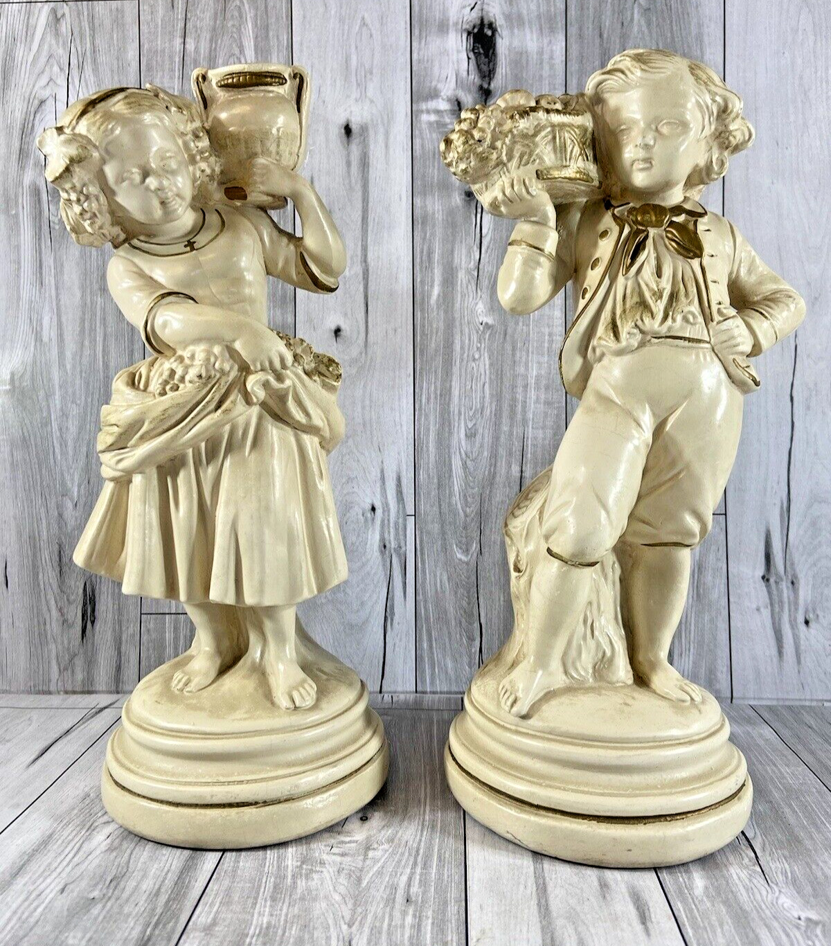 Vintage Alexander Backer  Figurines  Boy With Fruit Basket  & Girl w Vase 10\