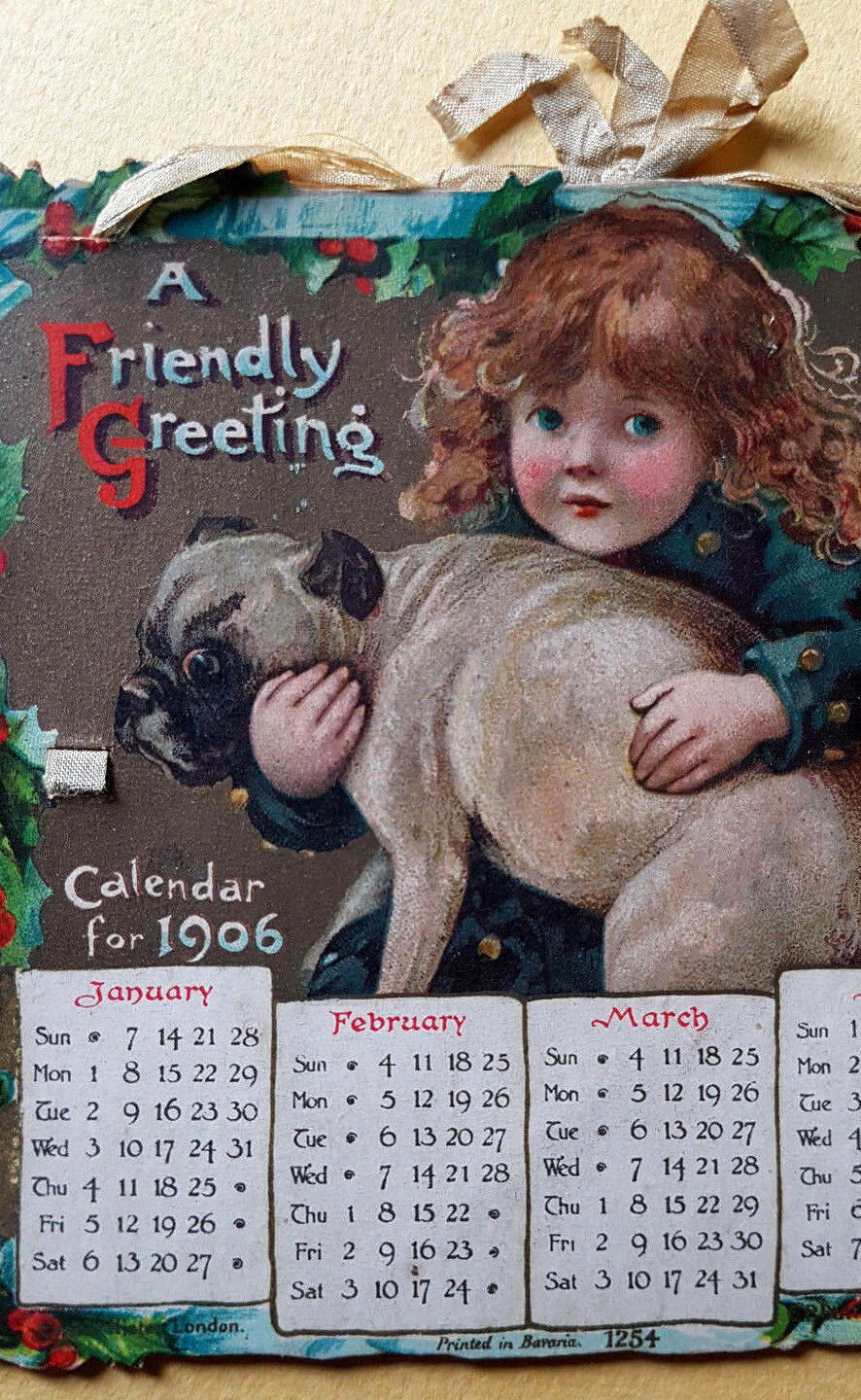 VINTAGE 1906 CHRISTMAS GREETING CARD CALENDAR VICTORIAN GIRLS AND DOGS  MUST SEE