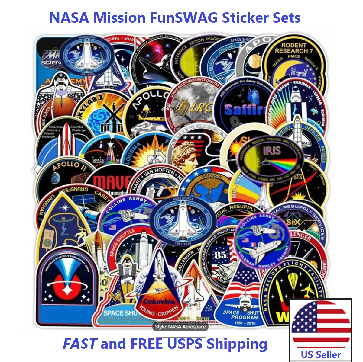22 NASA Apollo Moon, Space Shuttle, SkyLab SpaceStation Mission Decal Stickers