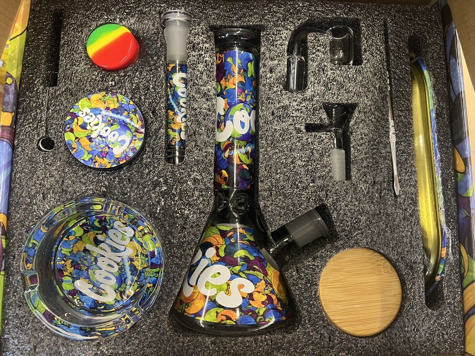 Tobacco Kit Large Glass Bubbler Bong Gift Set With grinder, jar, tray And More