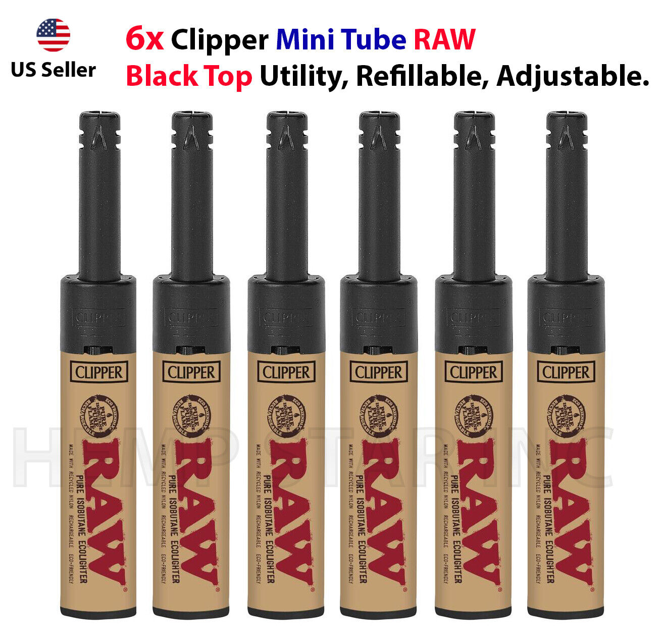 6x Clipper Mini Tube (RAW) Black Top Utility Refillable, Adjustable.