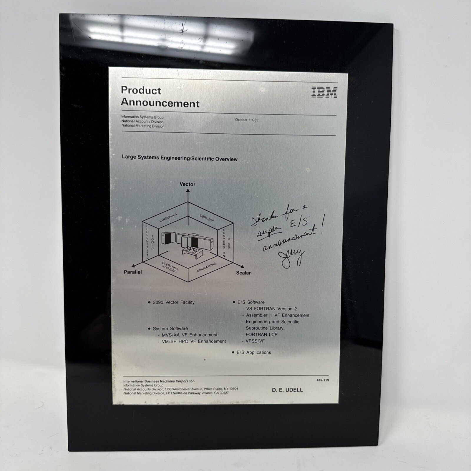 IBM Product Announcement Plaque 1980s Signed - Large Systems Engineering