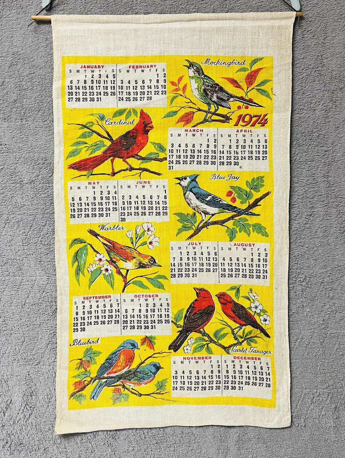 Vintage Linen Tea Towel Calendar 1974 Birds Yellow With Dowel Kitchen
