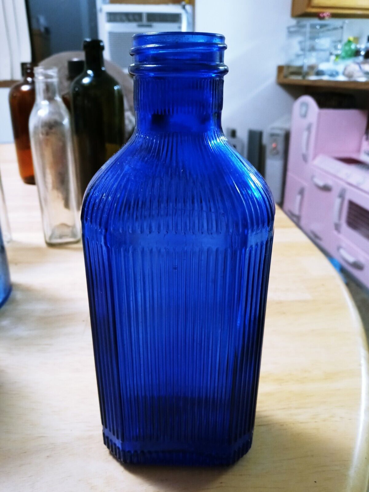 Antique Large McKESSON`S Cobalt Blue Ribbed Bottle No Label  dark blue