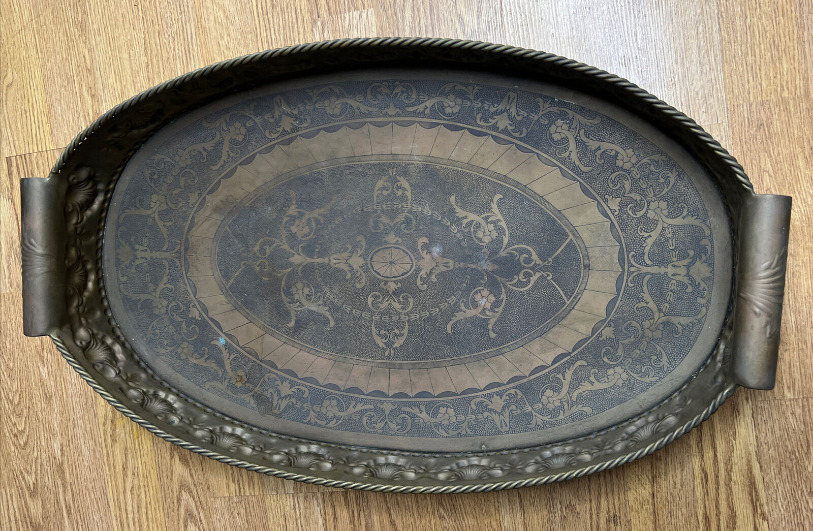Castilian Imports Vintage Large Solid Brass Heavy Decorated Tray 27.5”X 16” X 4”