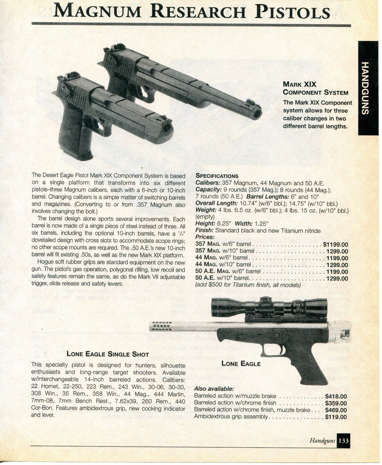 2001 Print Ad of Magnum Research Mark XIX Component System & Lone Eagle Pistol