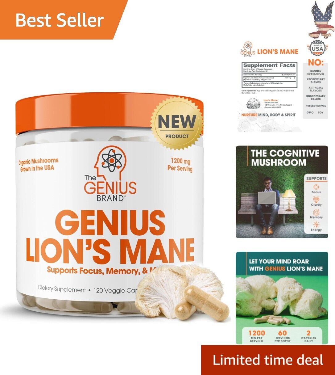 Premium Pure Organic Enhanced Lions Mane Brain Booster - 120 Count Capsules
