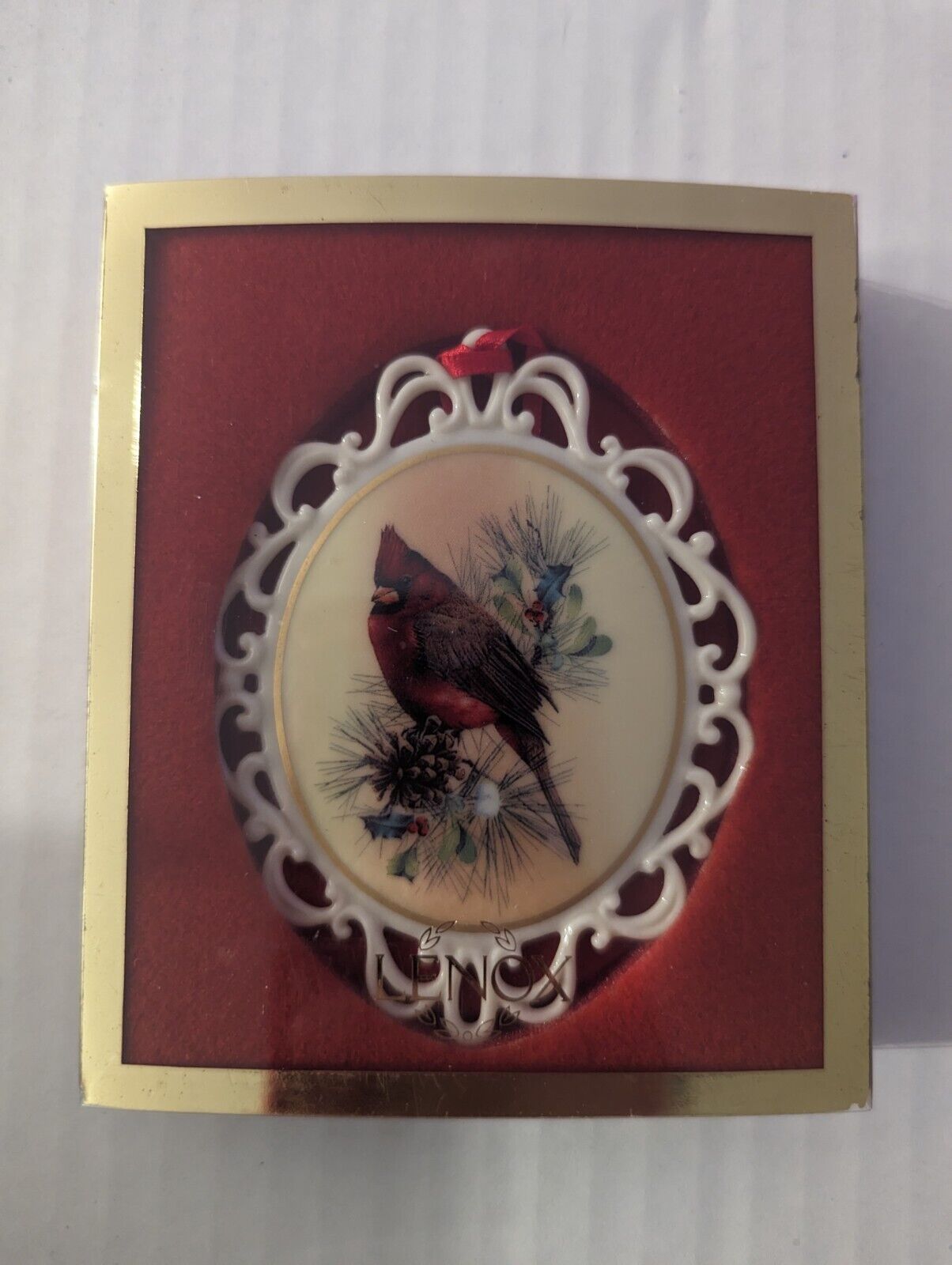 lenox winter greetings Cardinal ornament in Box Red Ribbon 