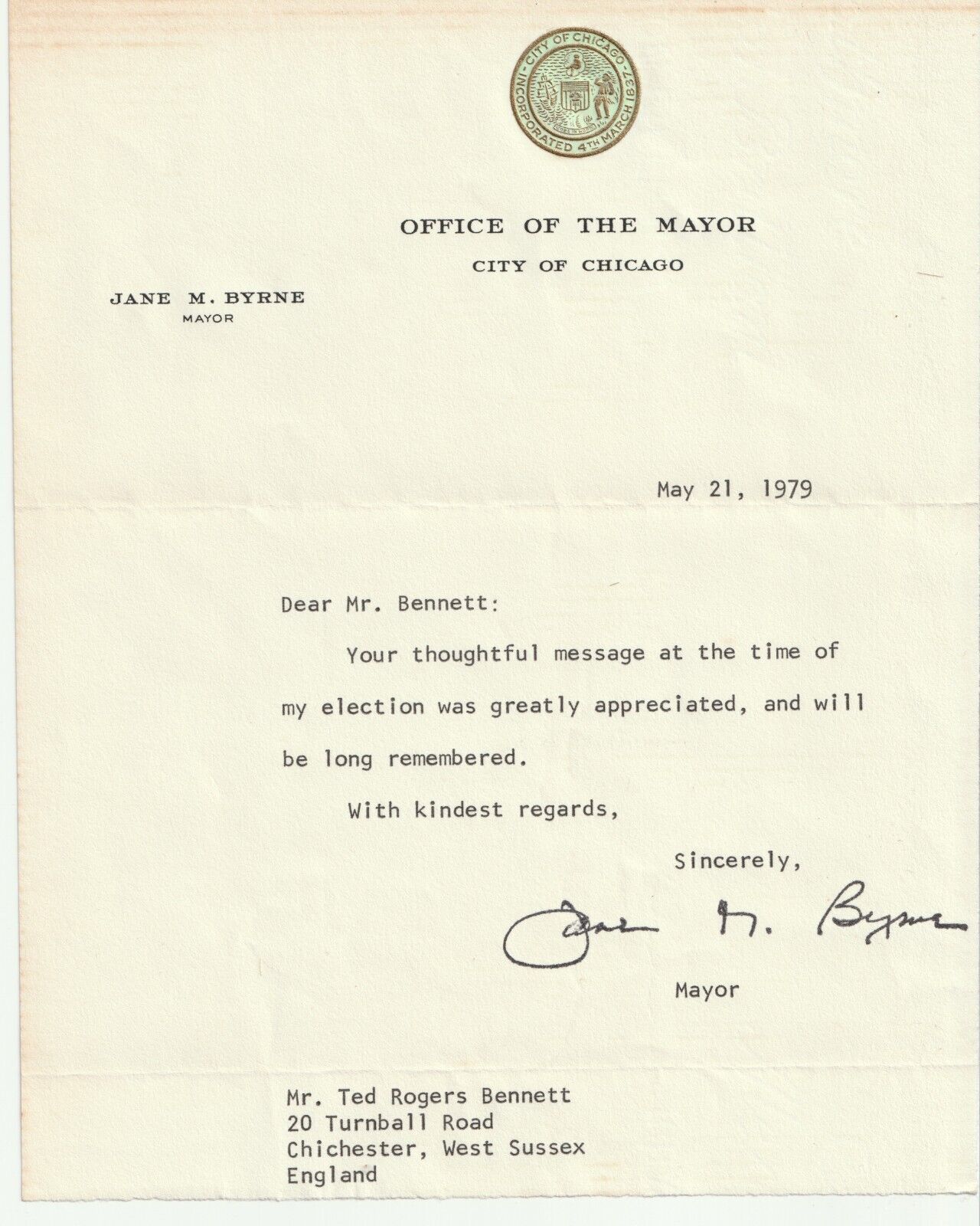 Jane M Byrne Mayor of the City of Chicago Signed Letter/Envelope October 1979