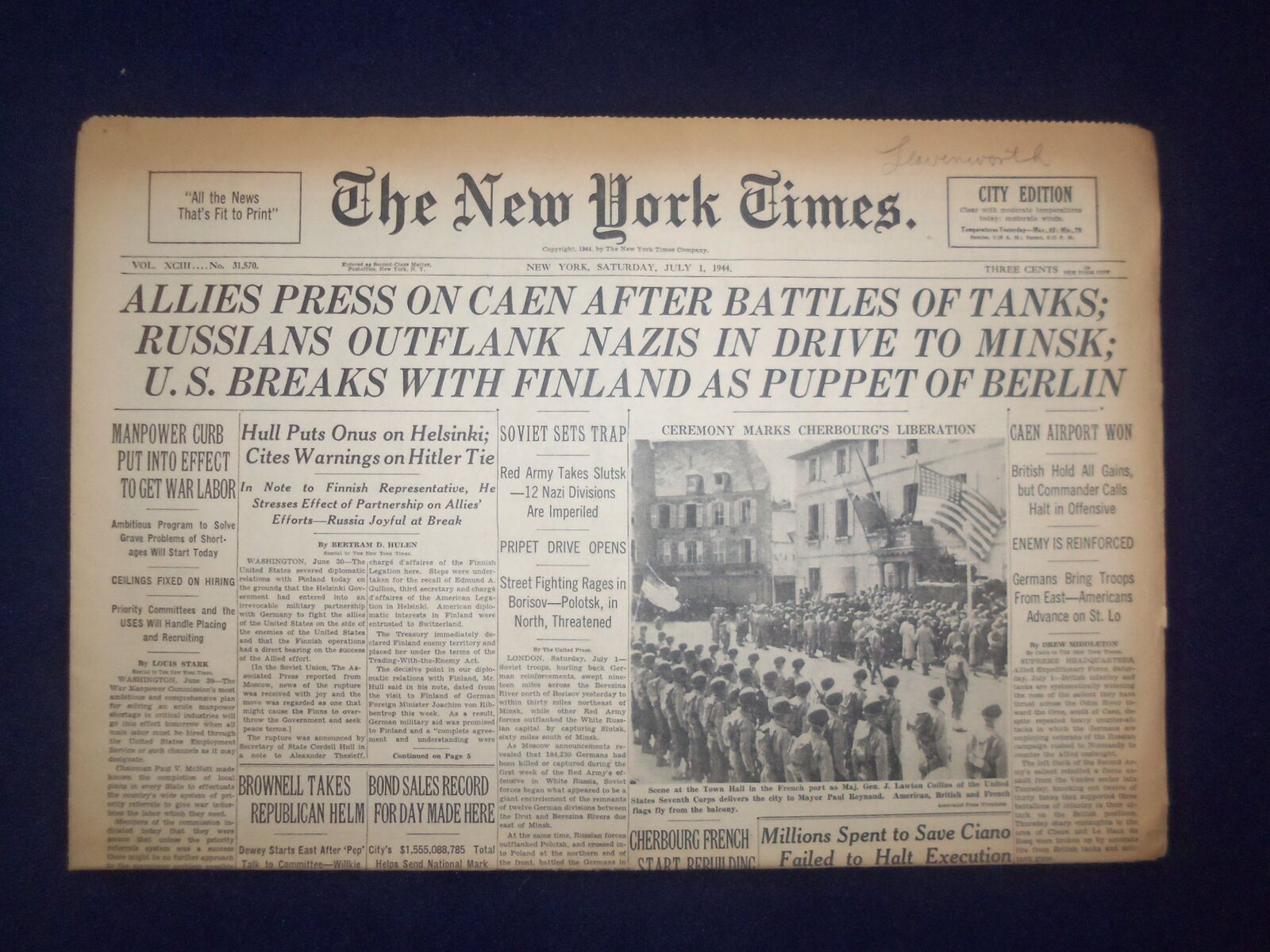 1944 JULY 1 NEW YORK TIMES -ALLIES PRESS ON CAEN AFGER BATTLES OF TANKS- NP 6582