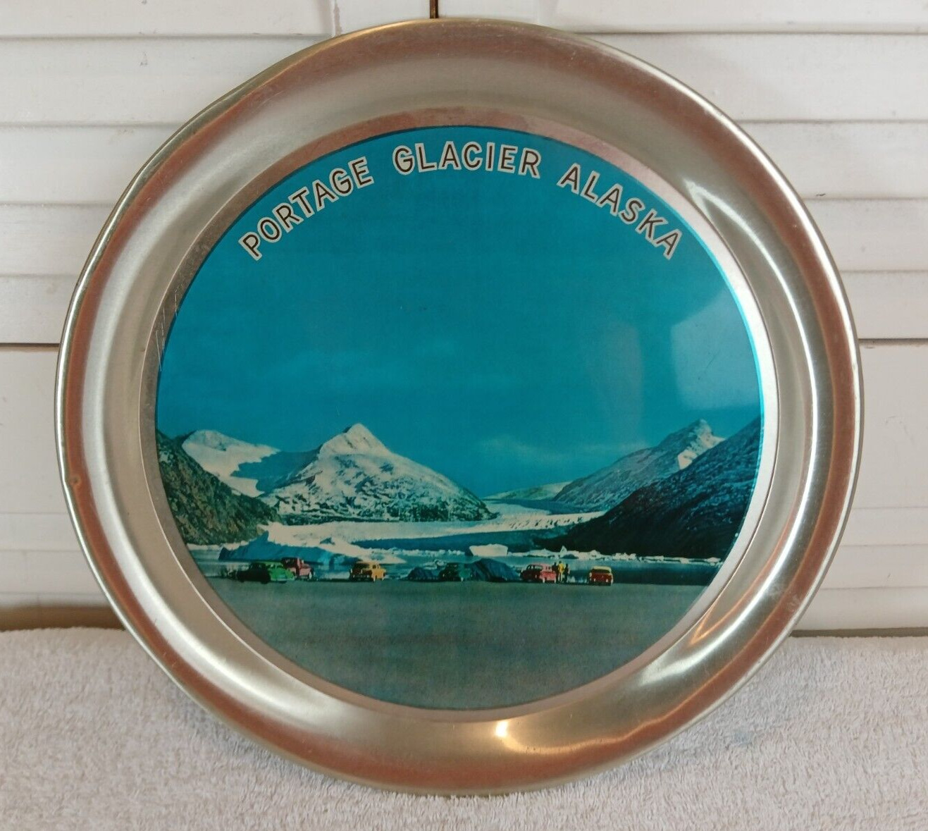 Vintage Portage Glacier Alaska Round Metal Souvenir Tray,11 Inches