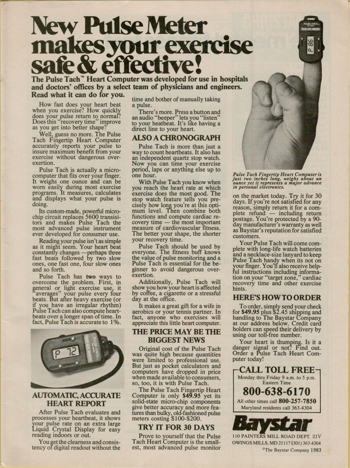 1983 Baystar Pulse Meter Fingertip Tach Heart Computer Photo Vintage Print Ad
