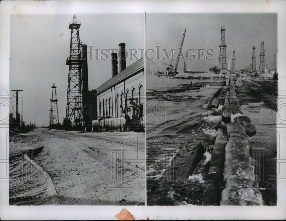 1957 Press Photo Environmental Effects of Sinking Harbor, Long Beach, California