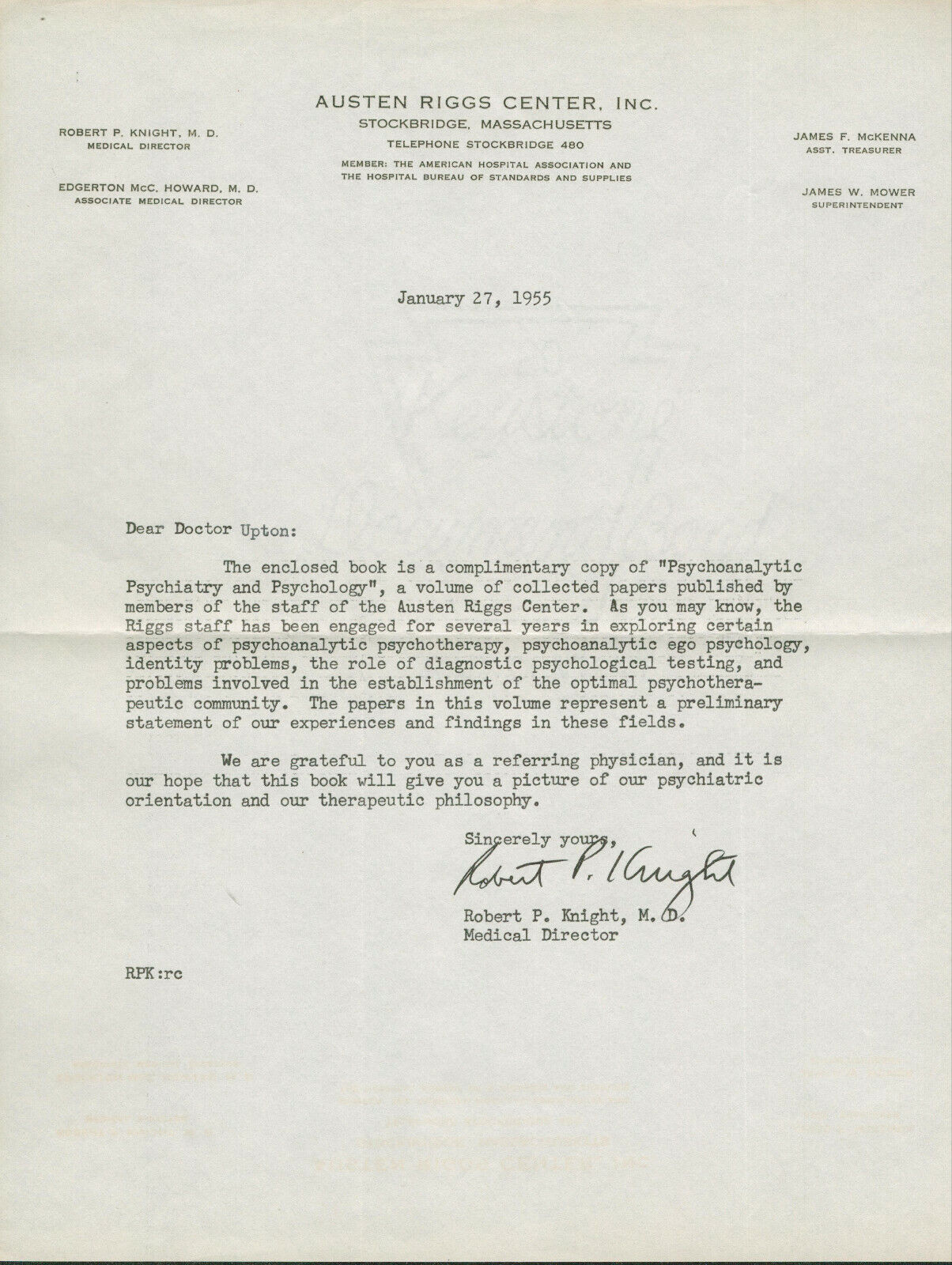 Robert P. Knight SIGNED AUTOGRAPHED Letter TLS Austen Riggs Center Psychiatry