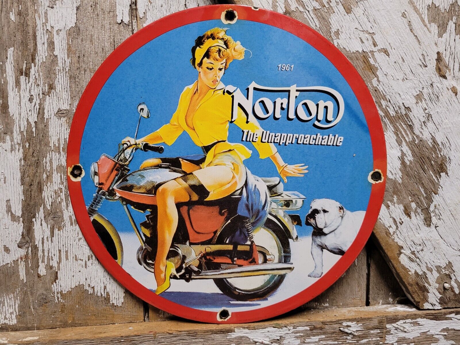 VINTAGE NORTON PORCELAIN SIGN OLD 12 MOTORCYCLE DEALER ADVERTISING SALES SERVICE