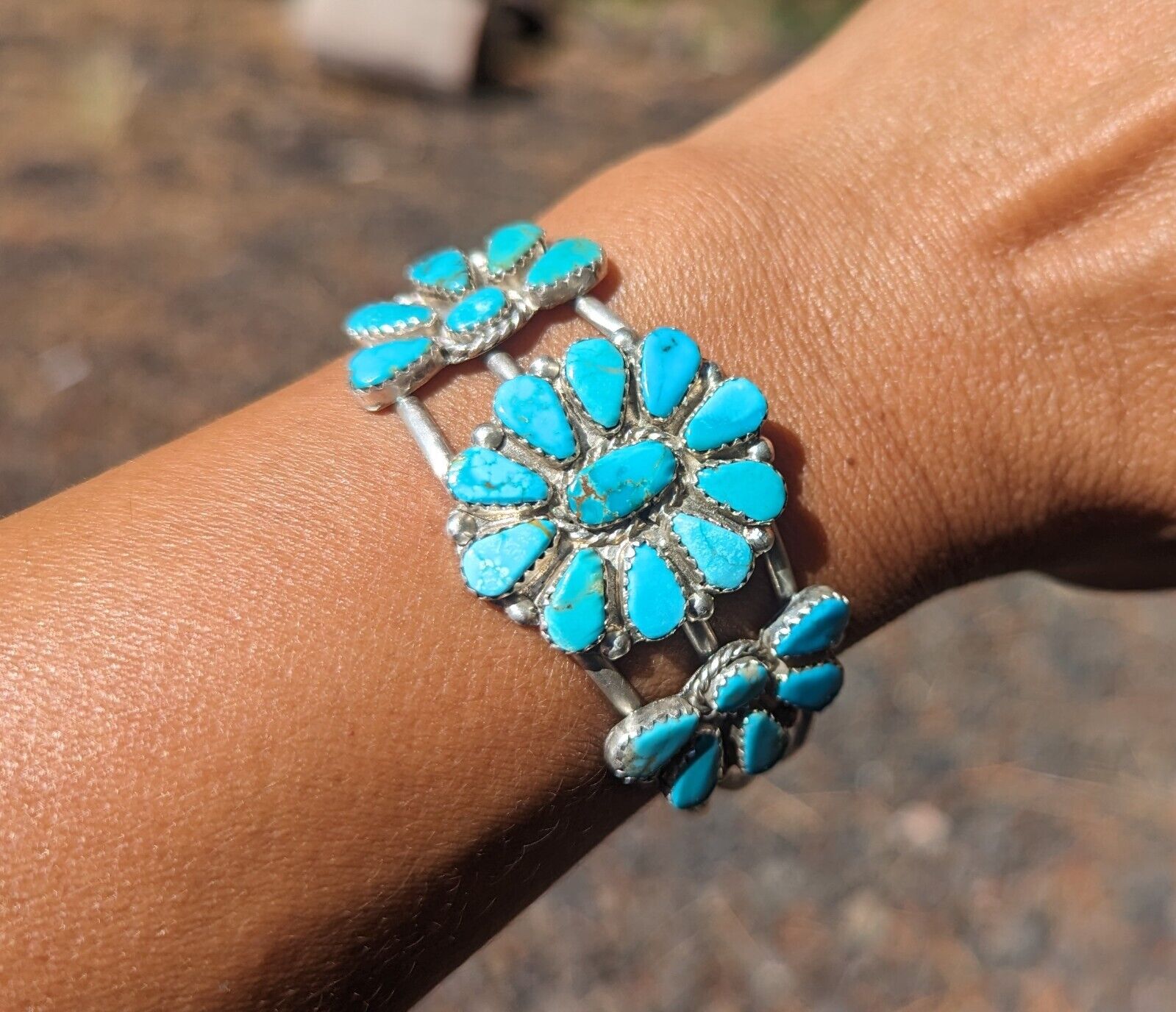 Navajo Bracelet Cluster Blue Turquoise Jewelry Sterling Native American Sz 6.75