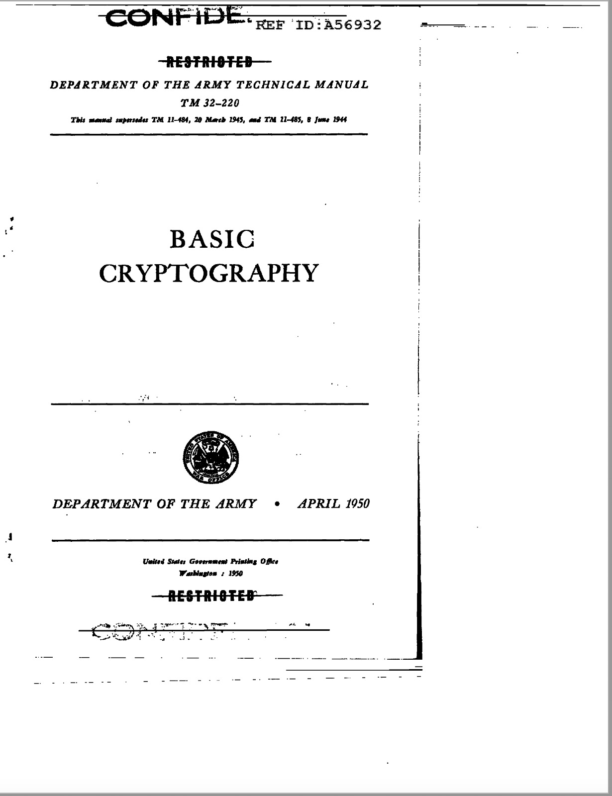 192 Page 1950 Declassified BASIC CRYPTOGRAPHY TM 32-220 Technical Manual on CD