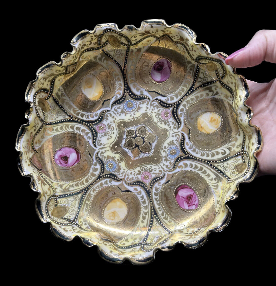 Serving Bowl Roses Heavy Gold Gilt Nippon Royal Kinran Antique Bone China 7.5”