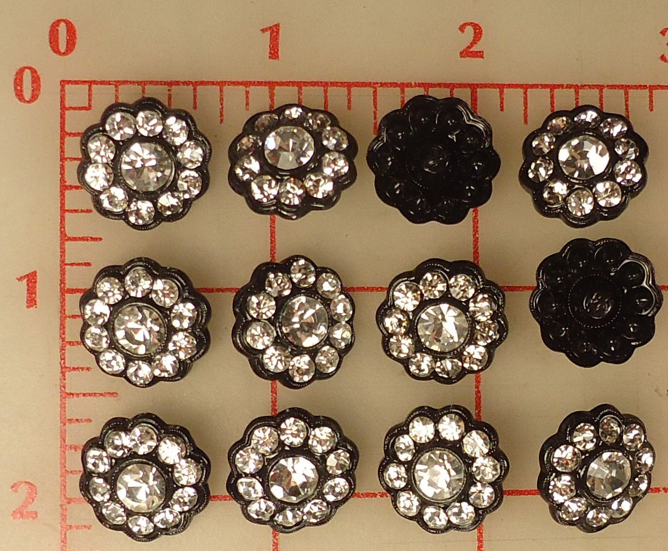144 Czech Small Thin Black Metal Buttons w Large & Small Rhinestones 16mm  #271