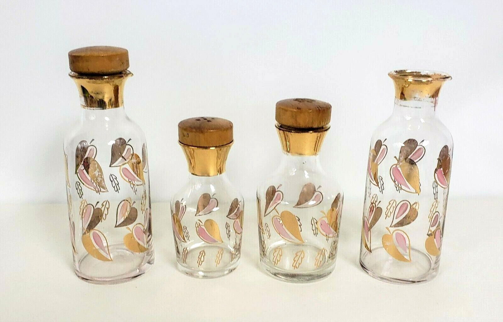 Vintage Glass Shaker Cruet Condiment Set pink gold leaf pattern Mid Century set