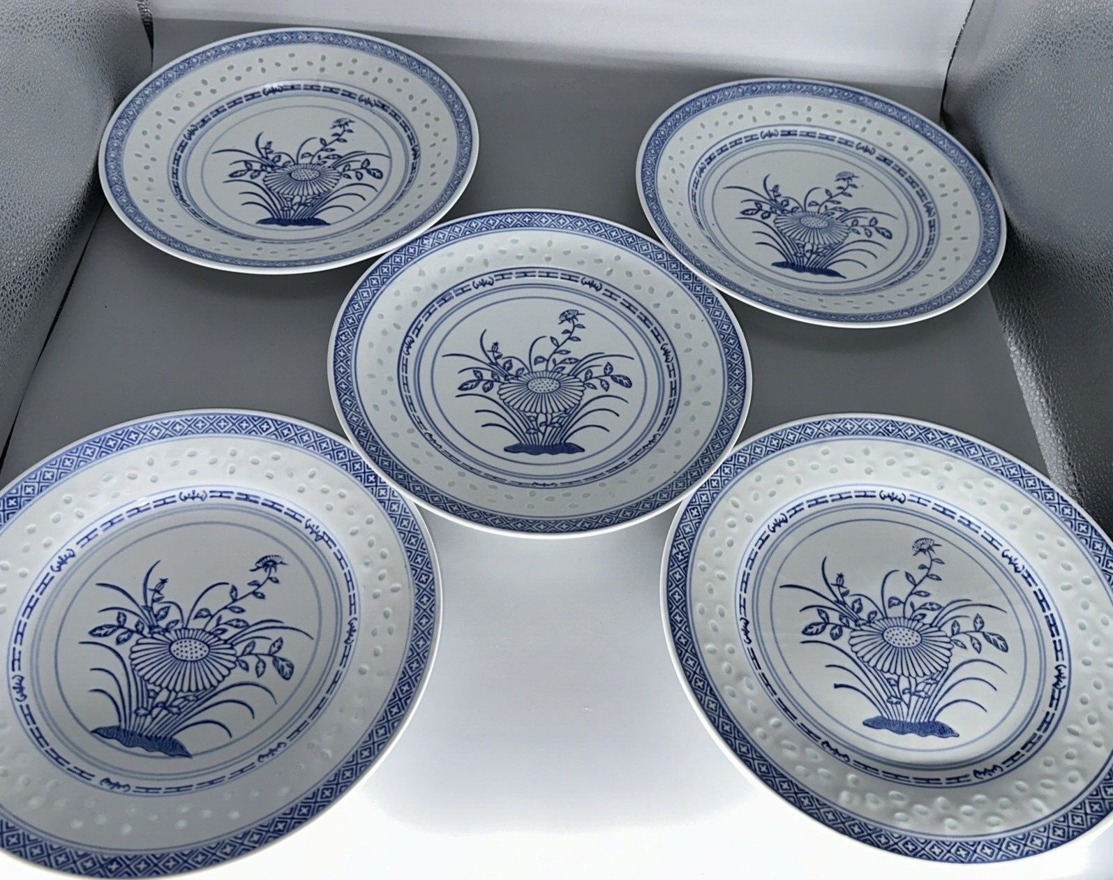 5 Vintage Jingdezhen Porcelain Rice Eye Grain Blue & White  Plates 10”