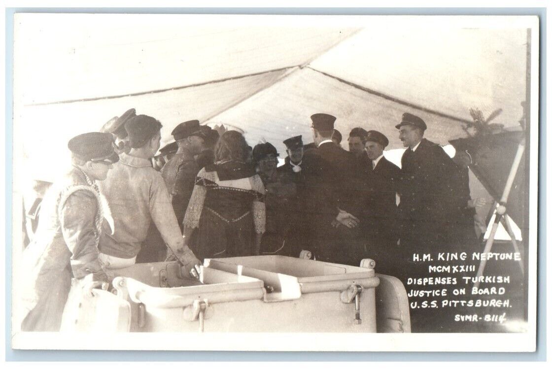 c1920's King Neptune Turkish Justice USS Pittsburgh Navy  RPPC Photo Postcard