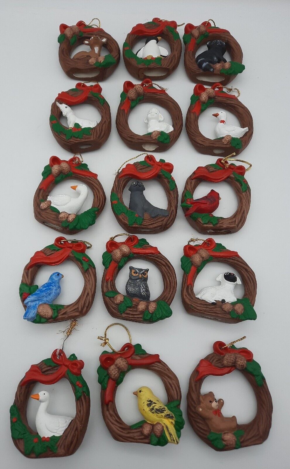 Lot of 15 Vintage Wreath Christmas Ornaments w/ Animals Ceramic Painted