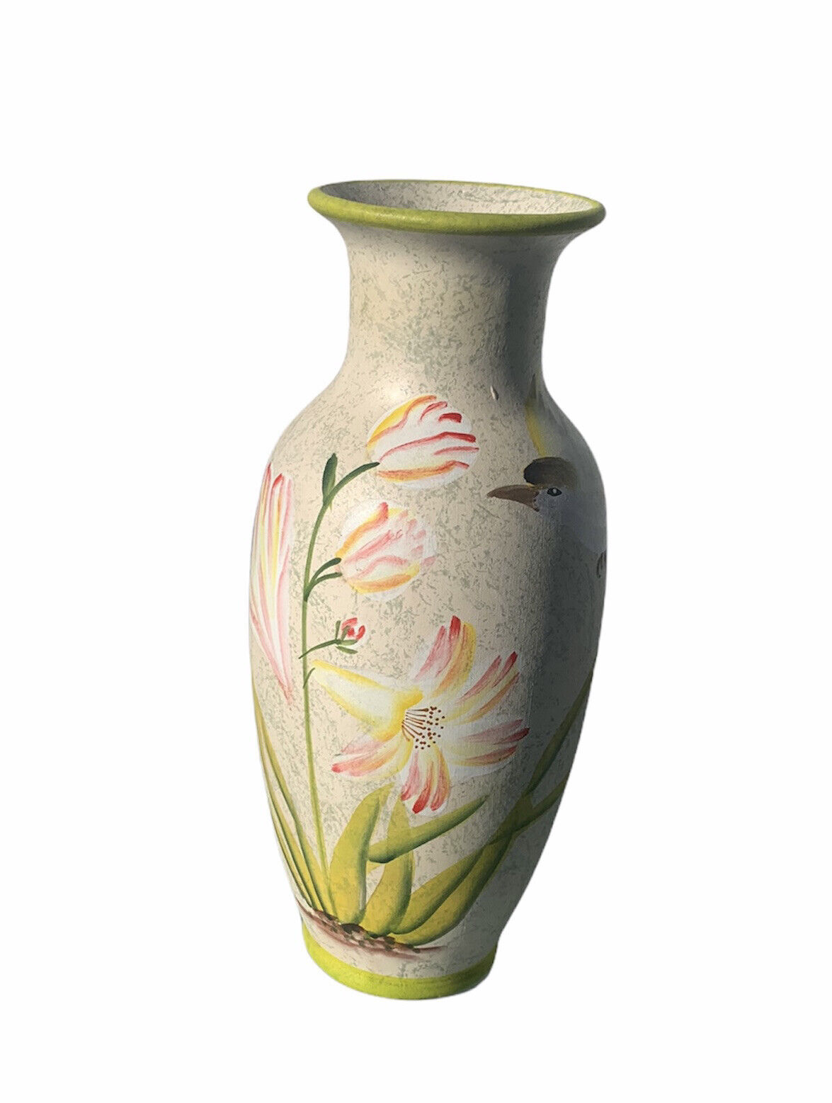 Art Deco Vase With Flowers & White Bird 10”