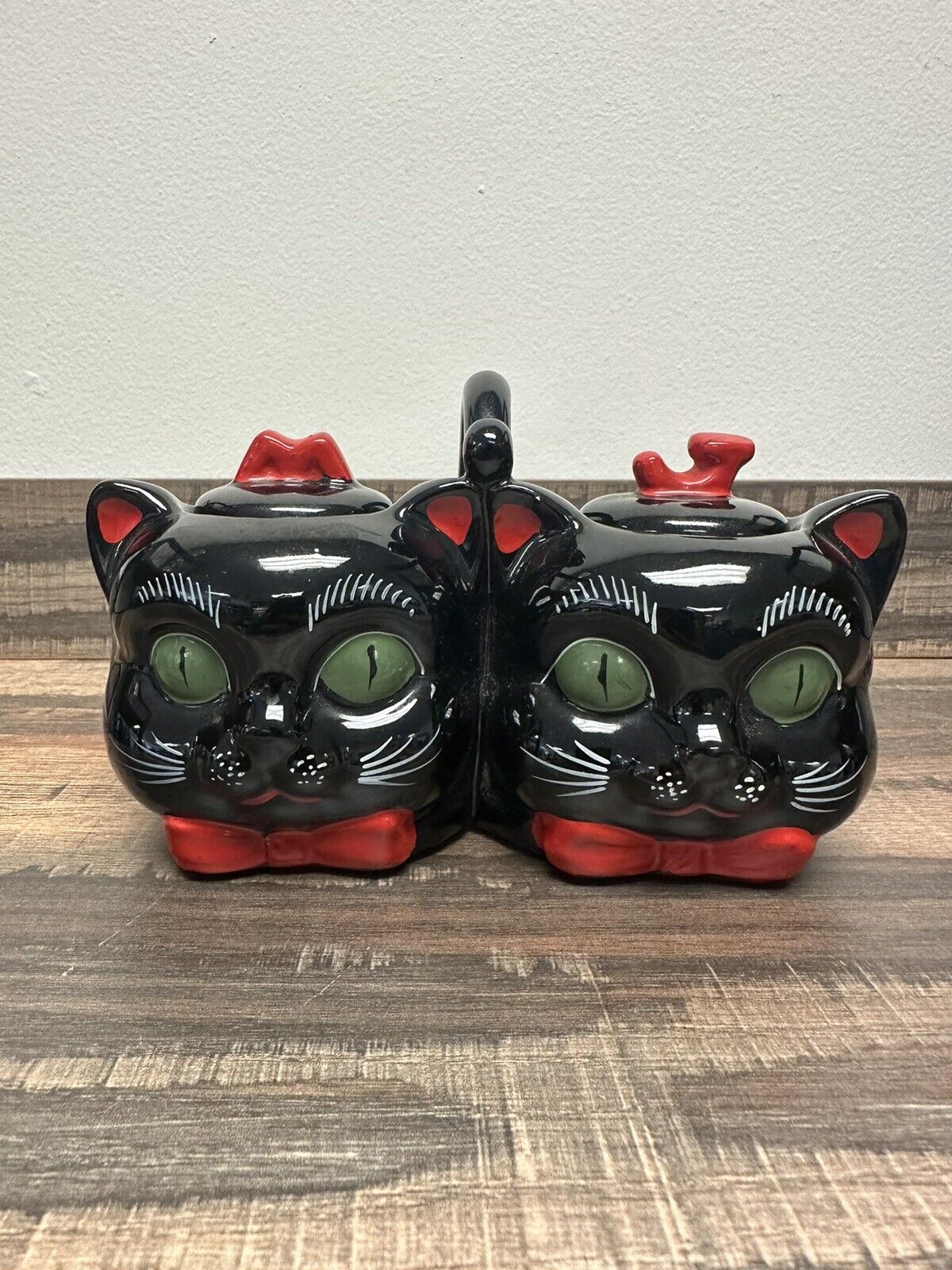 Vintage Shafford Black Double Cat Redware Condiment Marmalade Jars