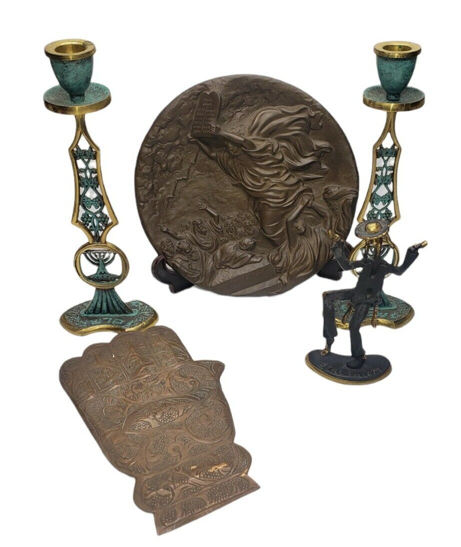 Vintage Judaica Israel Collectible Lot, Candlesticks, Hamsa, Figure, Moses Plate