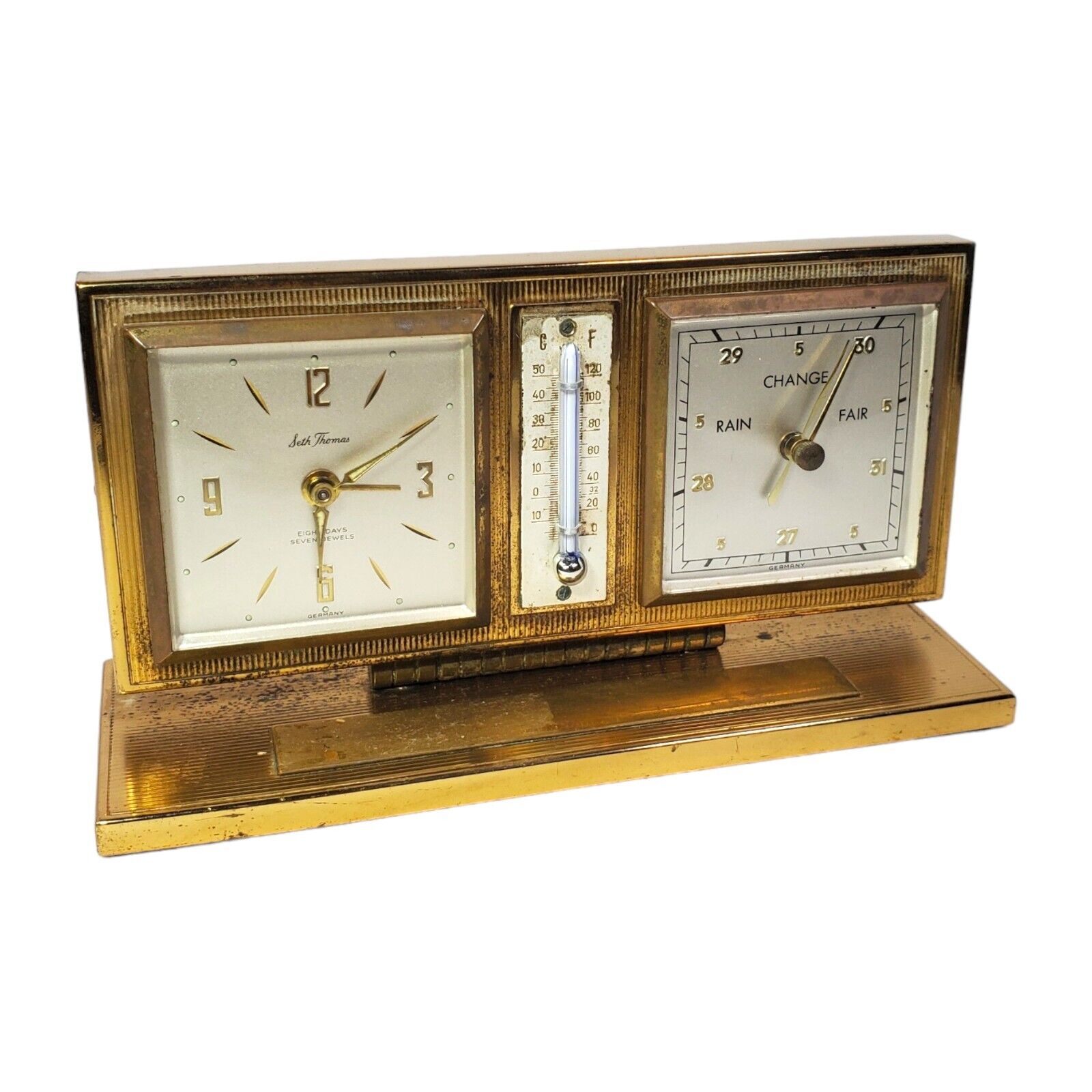 Vintage Seth Thomas Desktop Barometer Clock Wind Up Mechanical