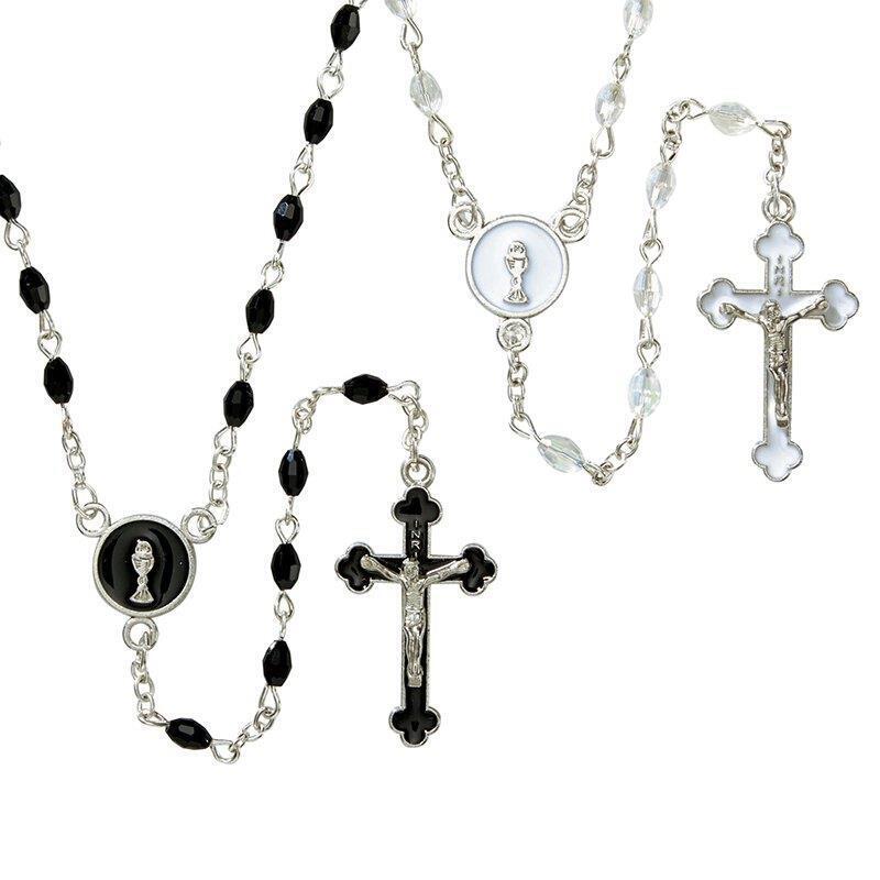 First Communion Black Enamel Rosary Size 6 x 8mm Beads 22.5in L and 2in Crucifix