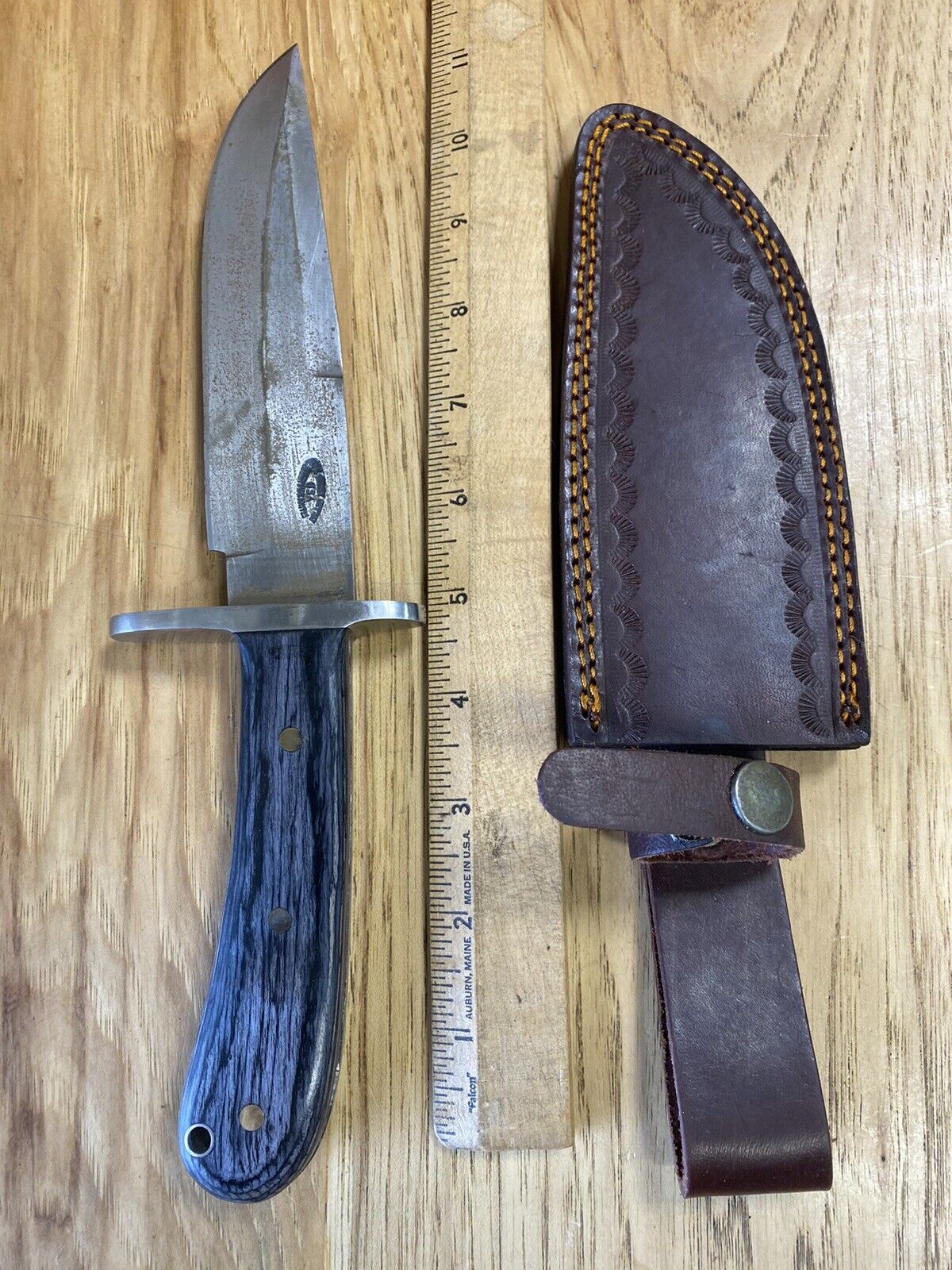 Vintage CFK USA Custom Knife Hunting Bowie Hardwood Leather Sheath